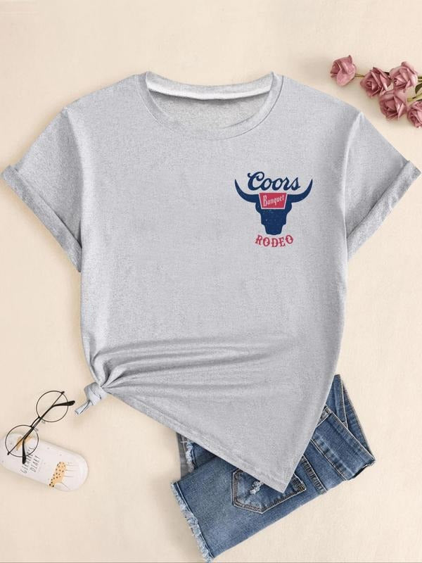 Letter & Bull Head Print Round Neck Casual Short Sleeve Crew Neck Summer Top Daily T-Shirts