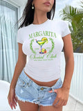 Letter & Cocktail Print Round Neck Casual Short Sleeve Summer Clothes Daily T-Shirts