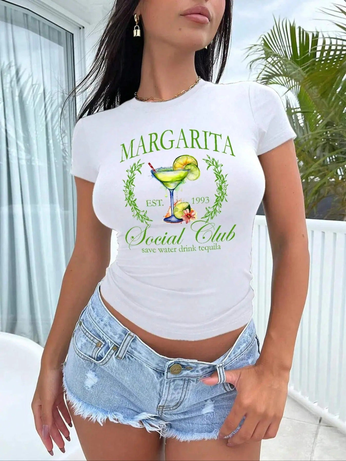 Letter & Cocktail Print Round Neck Casual Short Sleeve Summer Clothes Daily T-Shirts