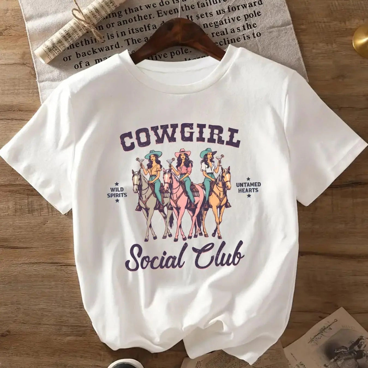 Letter & Cowgirl Print Round Neck Vintage Casual Short Sleeve Daily Summer T-Shirts