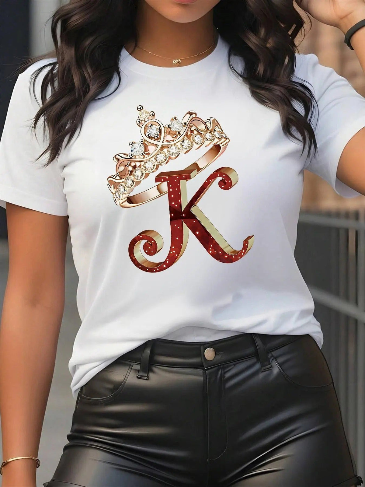 Letter & Crown Print Crew Neck Casual Short Sleeve Daily Summer T-Shirts