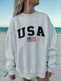 Letter & Flag Print Drop Shoulder Casual Long Sleeve Round Neck Fall & Winter Clothes Daily T-Shirts