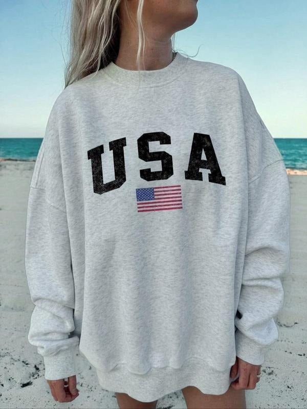 Letter & Flag Print Drop Shoulder Casual Long Sleeve Round Neck Fall & Winter Clothes Daily T-Shirts