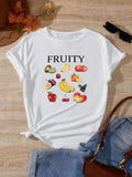 Letter & Fruit Print Short Sleeve Casual Round Neck Summer Top Daily T-Shirts