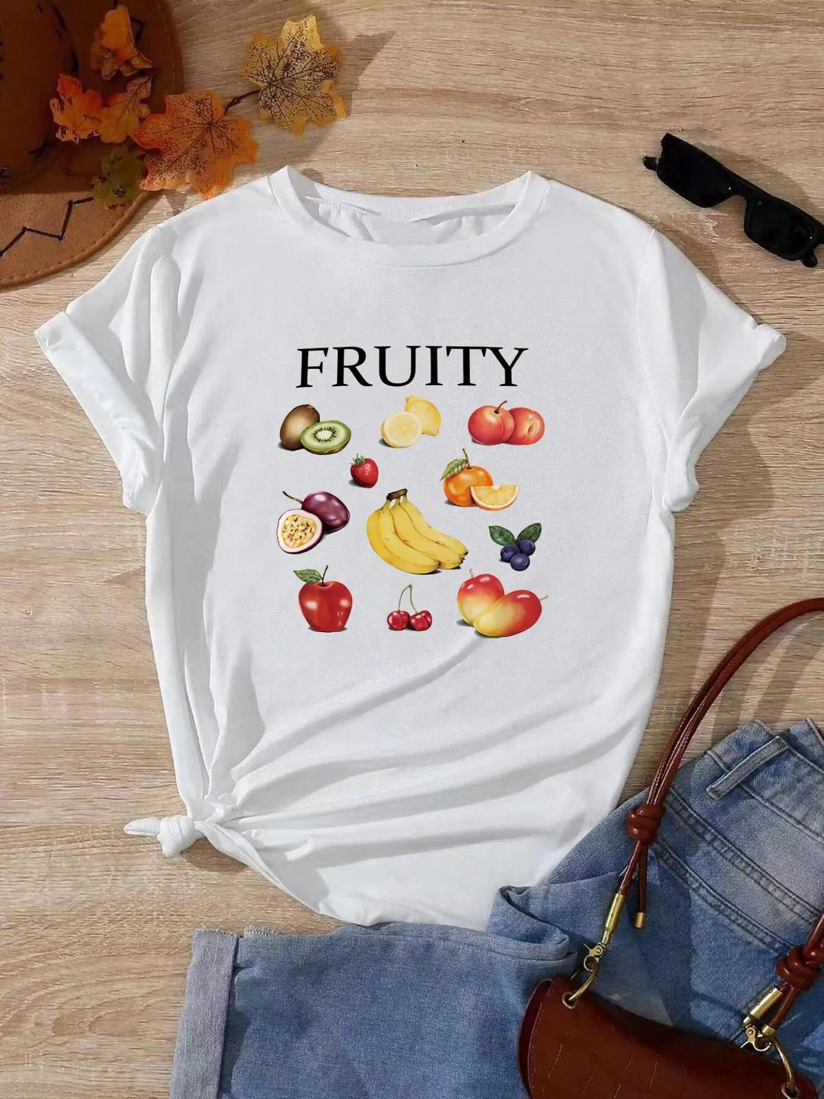 Letter & Fruit Print Short Sleeve Casual Round Neck Summer Top Daily T-Shirts