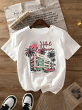 Letter & Landscape Print Round Neck Casual Short Sleeve Daily Summer T-Shirts