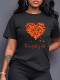 Letter & Leaf & Heart Print Round Neck Casual Short Sleeve Crew Neck All Seasons Top Daily T-Shirts