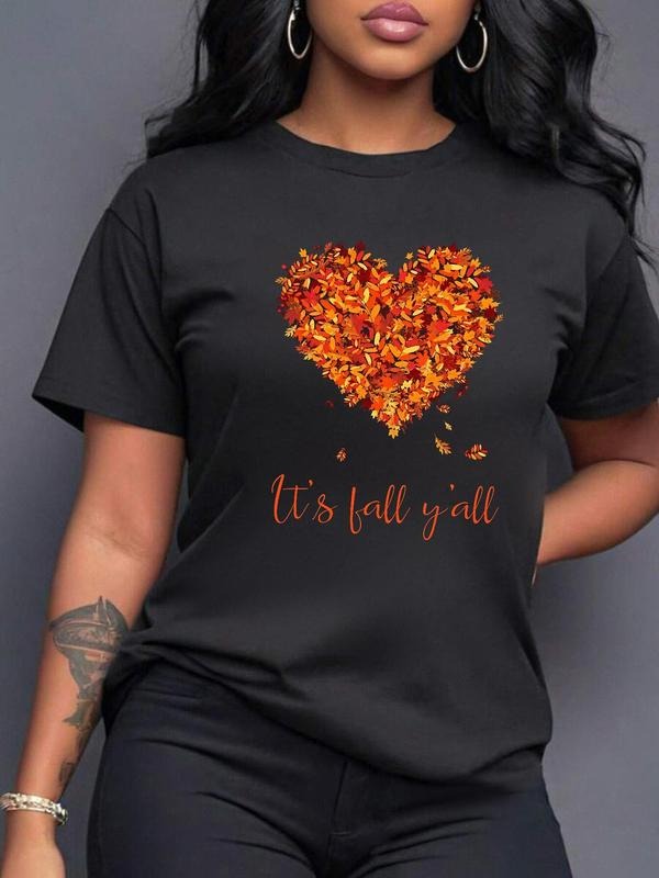 Letter & Leaf & Heart Print Round Neck Casual Short Sleeve Crew Neck All Seasons Top Daily T-Shirts