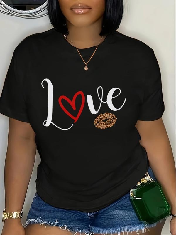 Letter & Lip Print Round Neck Casual Short Sleeve Crew Neck Daily Clothes All Seasons T-Shirts