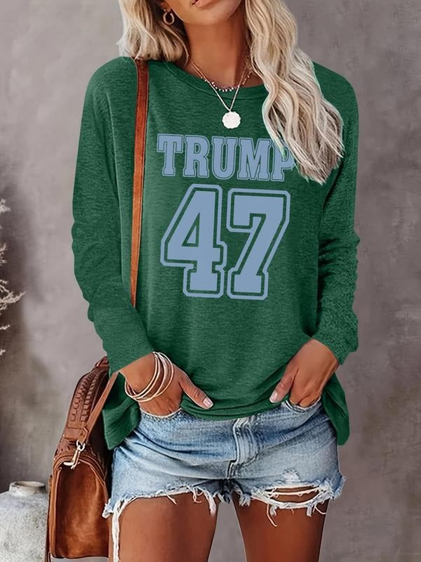 Letter & Number Print Round Neck Casual Long Sleeve Crew Neck Top Spring & Fall Top Daily T-Shirts