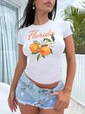 Letter & Orange Print Round Neck Casual Short Sleeve Crew Neck Summer Top Daily T-Shirts