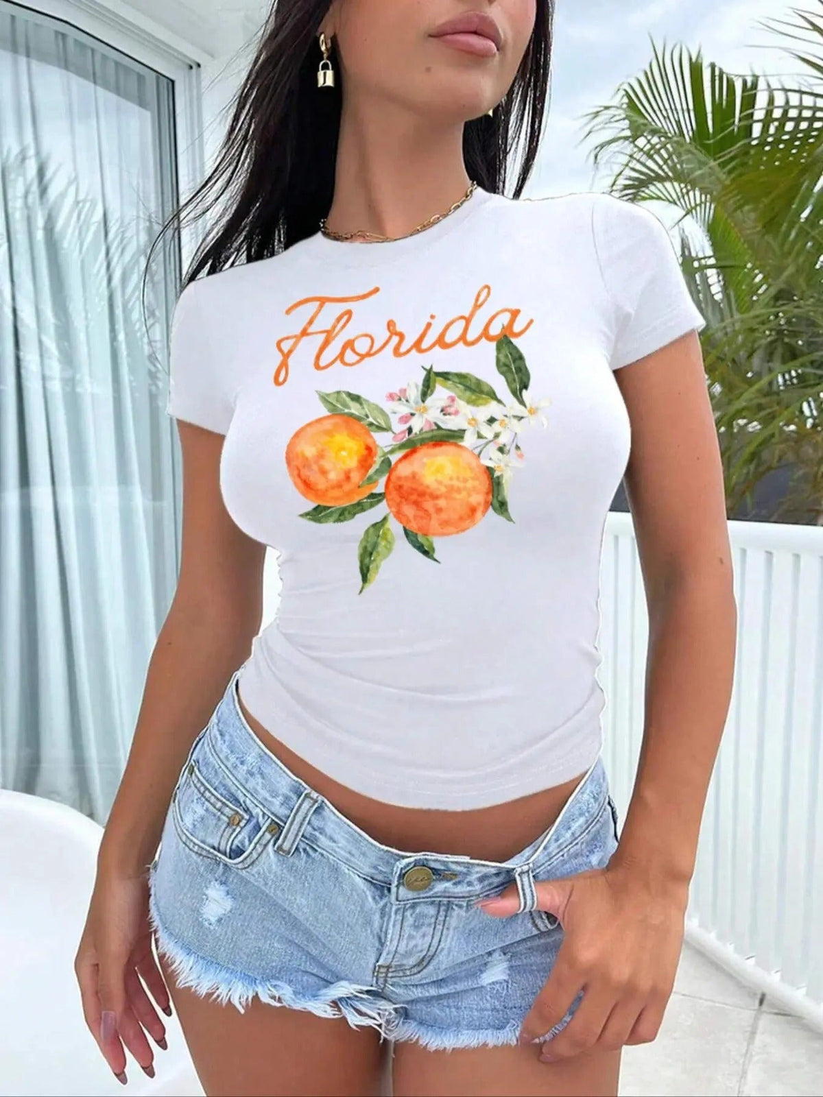 Letter & Orange Print Round Neck Casual Short Sleeve Crew Neck Summer Top Daily T-Shirts