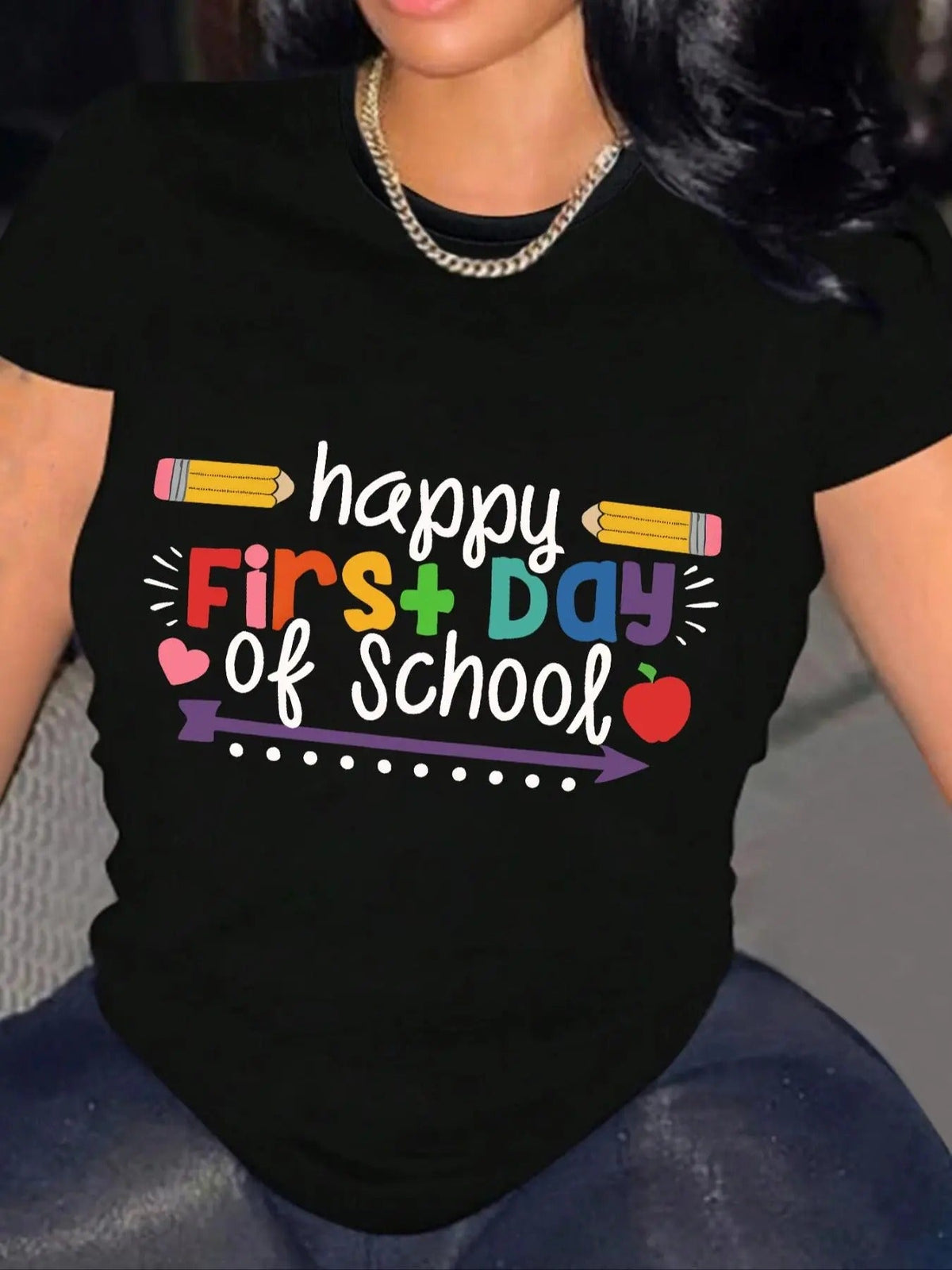 Letter & Pencil Print Round Neck Casual Short Sleeve Daily Summer Clothes T-Shirts