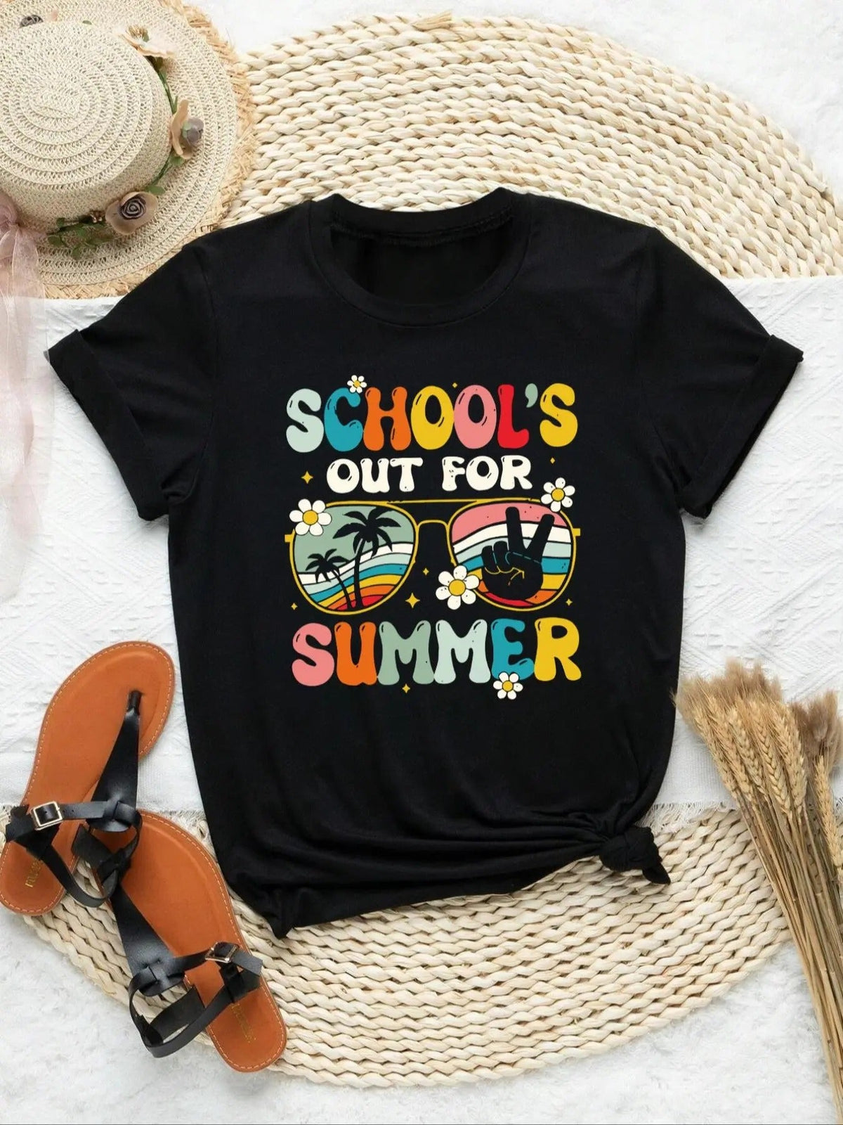 Letter & Plants Print Round Neck Casual Glasses Print Short Sleeve Daily Summer T-Shirts