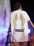Letter & Wing Print Drop Shoulder Casual Crew Neck Half Sleeve Daily Outdoor Summer Clothes T-Shirts