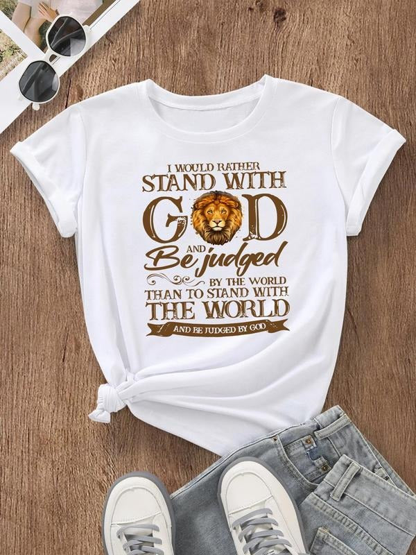 Lion & Letter Print Round Neck Casual Crew Neck Short Sleeve Daily Vacation Outdoor Clothes All Seasons T-Shirts