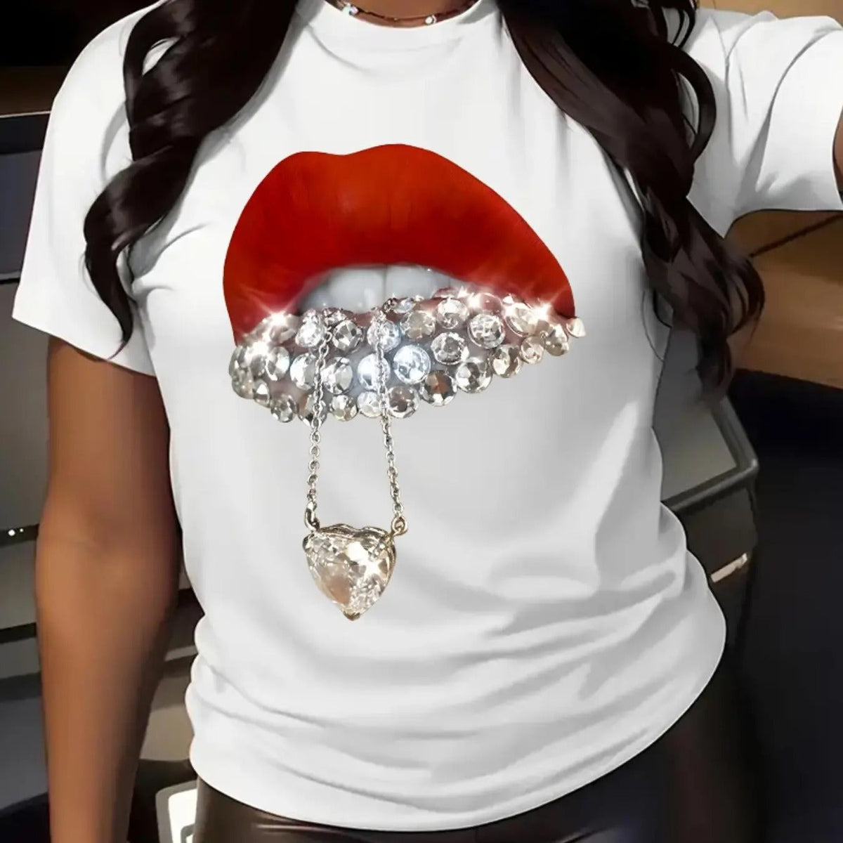 Lip & Rhinestones Print Round Neck Casual Short Sleeve Daily All Seasons Tops T-Shirts