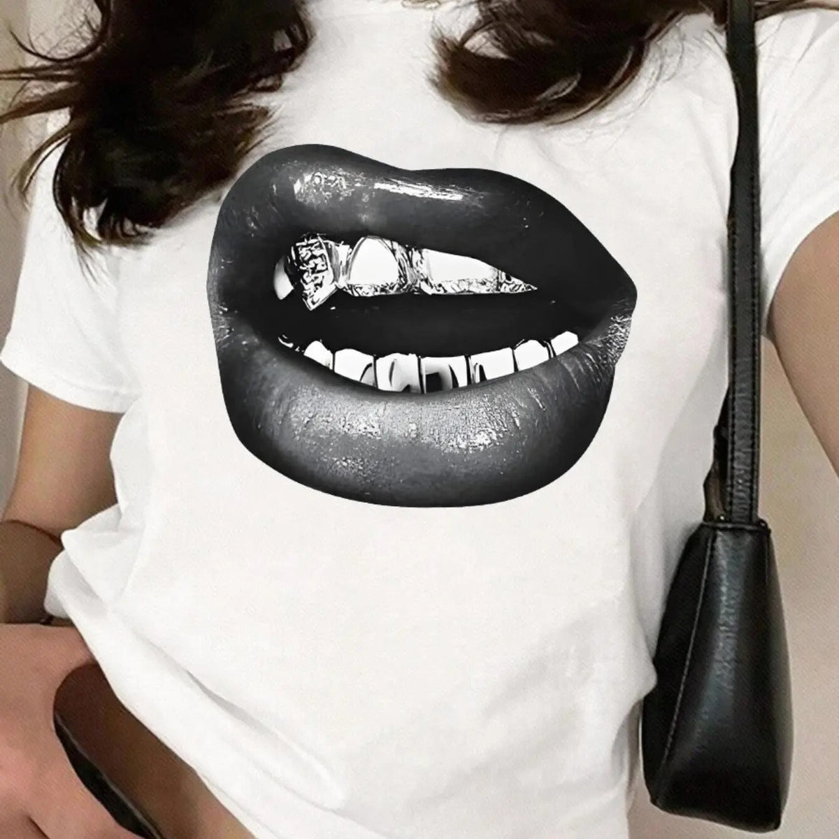 Lip Print Round Neck Casual Short Sleeve Daily Spring & Fall Clothes T-Shirts