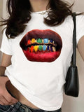 Mouth Print Round Neck Casual Short Sleeve Summer Clothes Daily T-Shirts