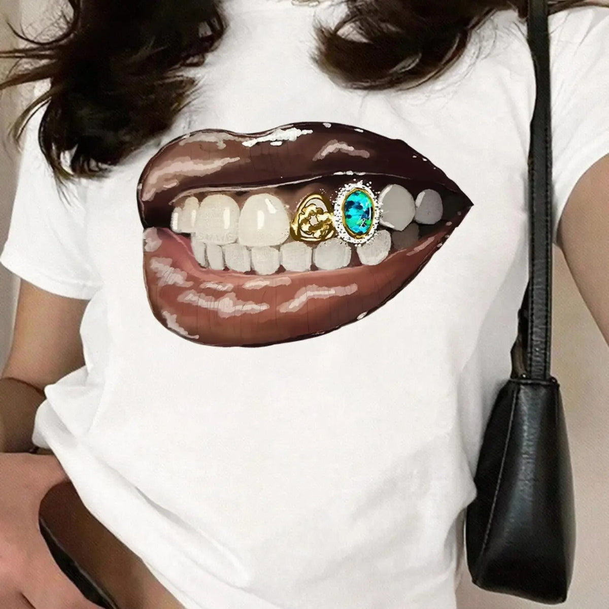 Mouth Print Round Neck Casual Short Sleeve Summer Clothes Daily Wearstyle{N002}2 T-Shirts