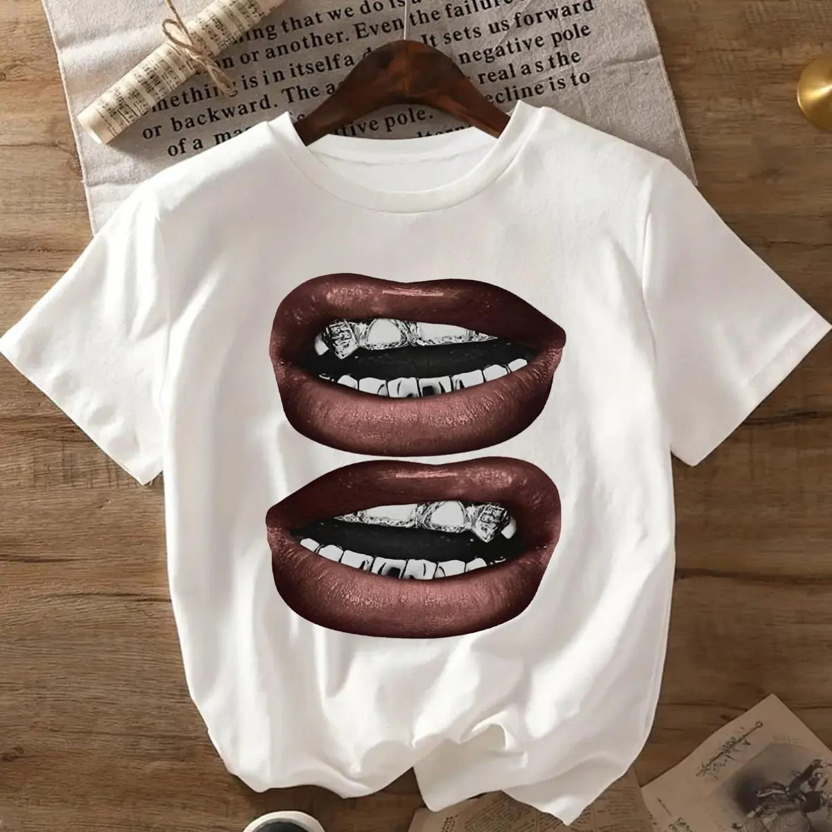 Mouth Print Round Neck Casual Short Sleeve Summer Clothes Daily Wearstyle{N002}3 T-Shirts