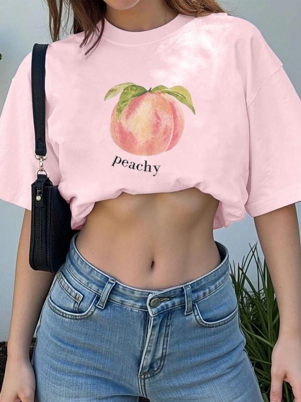 Peach & Letter Print Round Neck Casual Crew Neck Daily Vacation Outdoor Clothes Summer Top T-Shirts