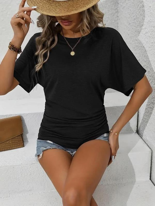 Plain Ruched Batwing Sleeve Casual Short Sleeve Round Neck Summer Clothes Daily Wearstyle{N002}2 T-Shirts