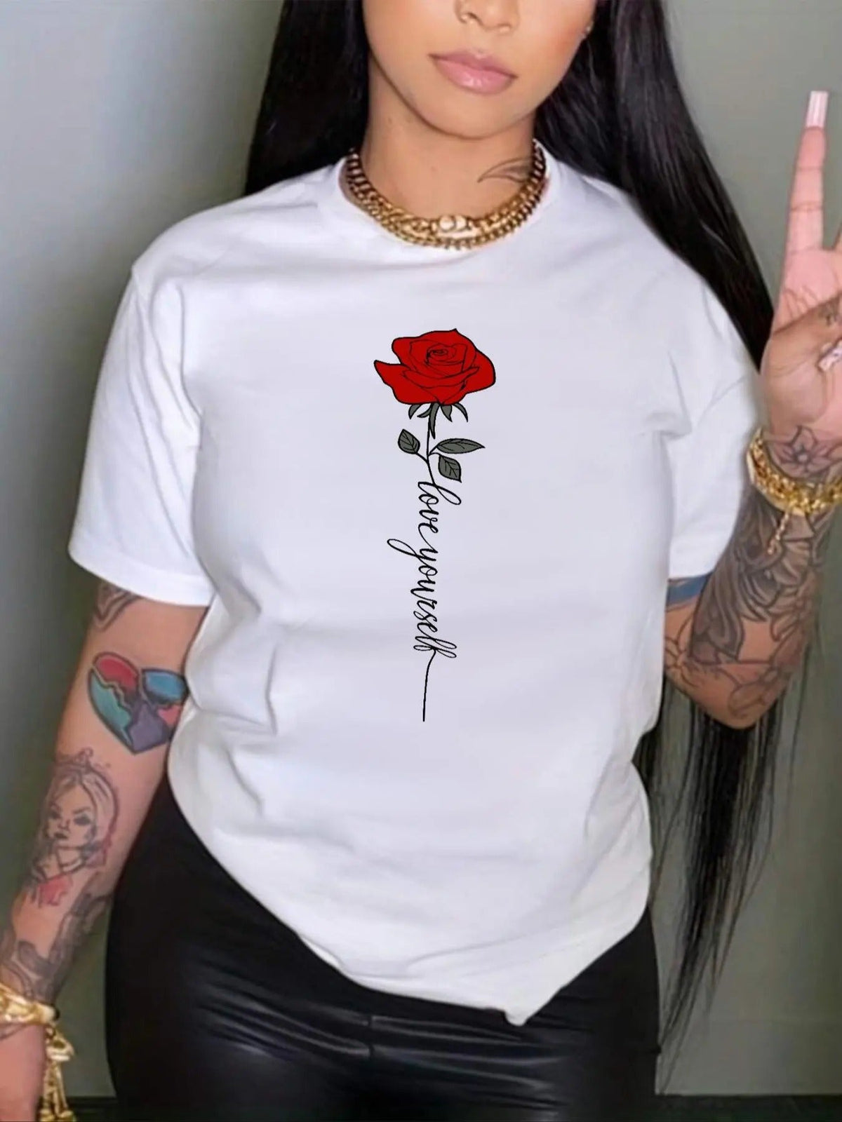 Rose & Letter Print Round Neck Casual Crew Neck Daily Vacation Outdoor Clothes Summer T-Shirts