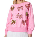 Sequins Bow Drop Shoulder Long Balloon Sleeve Round Neck Casual Tops T-Shirts