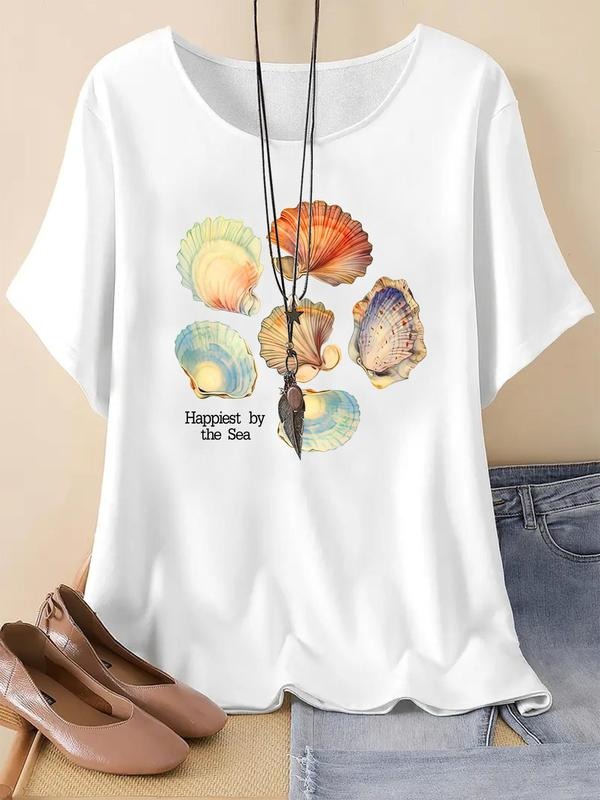 Shell & Letter Print Round Neck Short Sleeve Daily Summer T-Shirts