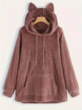 Solid Drawstring Fuzzy Casual Long Sleeve Pocket Hooded Fall & Winter Clothes Daily T-Shirts