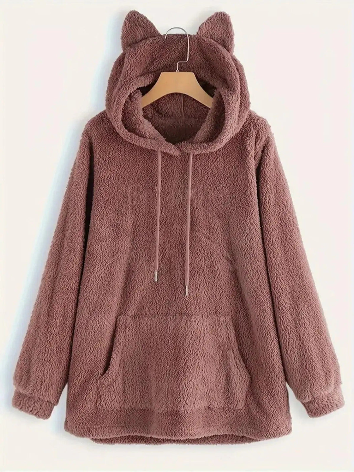 Solid Drawstring Fuzzy Casual Long Sleeve Pocket Hooded Fall & Winter Clothes Daily T-Shirts