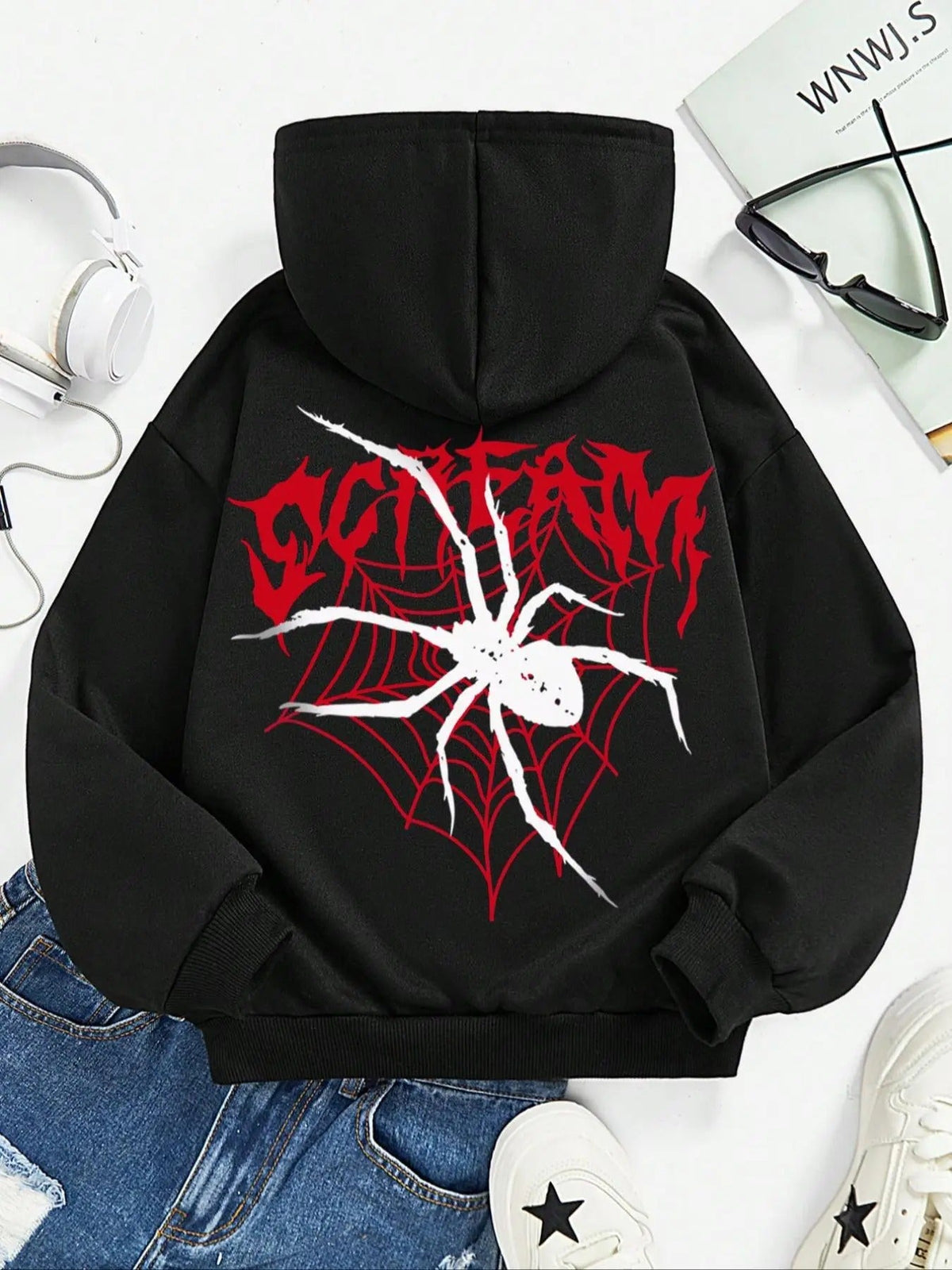 Spider & Letter Print Drop Shoulder Street Casual Drawstring Hooded Daily Outdoor Fall & Winter Halloween T-Shirts