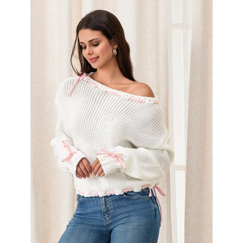 Spring Autumn Knit Long Sleeve Drawstring Loose Knitwear Womenswear Check T-Shirts