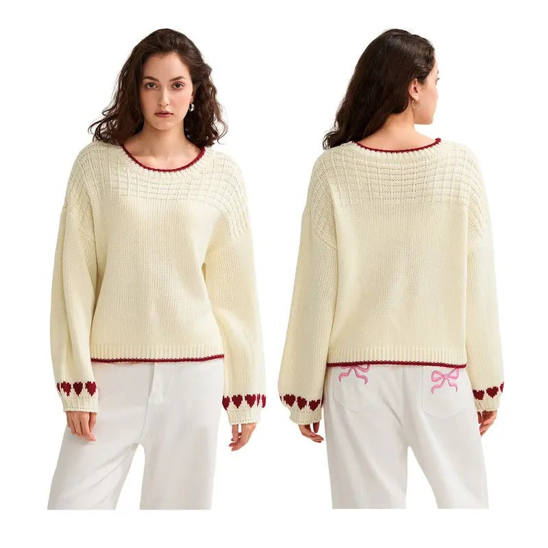 Spring Autumn Knit Long Sleeve O Neck Heart Print Loose Knitwear T-Shirts