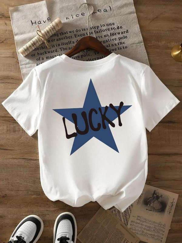 Star & Letter Print Round Neck Casual Short Sleeve Daily All Seasons T-Shirts