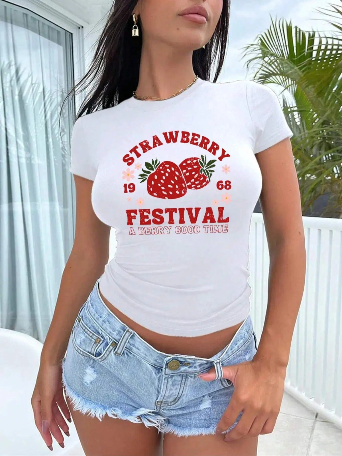 Strawberry & Letter Print Round Neck Short Casual Short Sleeve Summer Clothes Daily T-Shirts