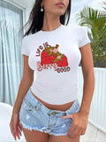 Strawberry & Letter Print Round Neck Casual Short Sleeve Crew Neck Summer Top Daily Wearstyle{N002}3 T-Shirts