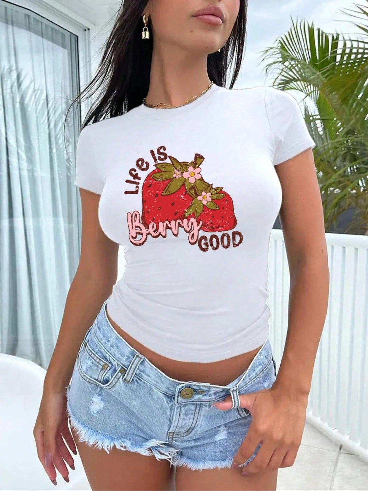 Strawberry & Letter Print Round Neck Casual Short Sleeve Crew Neck Summer Top Daily Wearstyle{N002}3 T-Shirts
