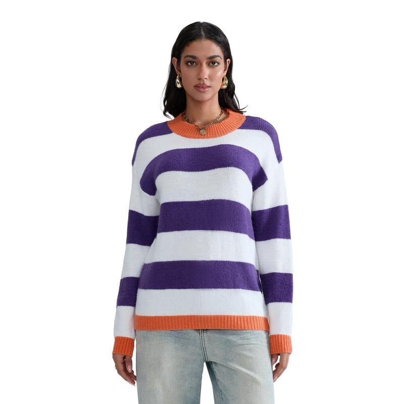 Stripe Print Fall Long Sleeve Round Neck Loose Knitwear Sweet Womenswear T-Shirts