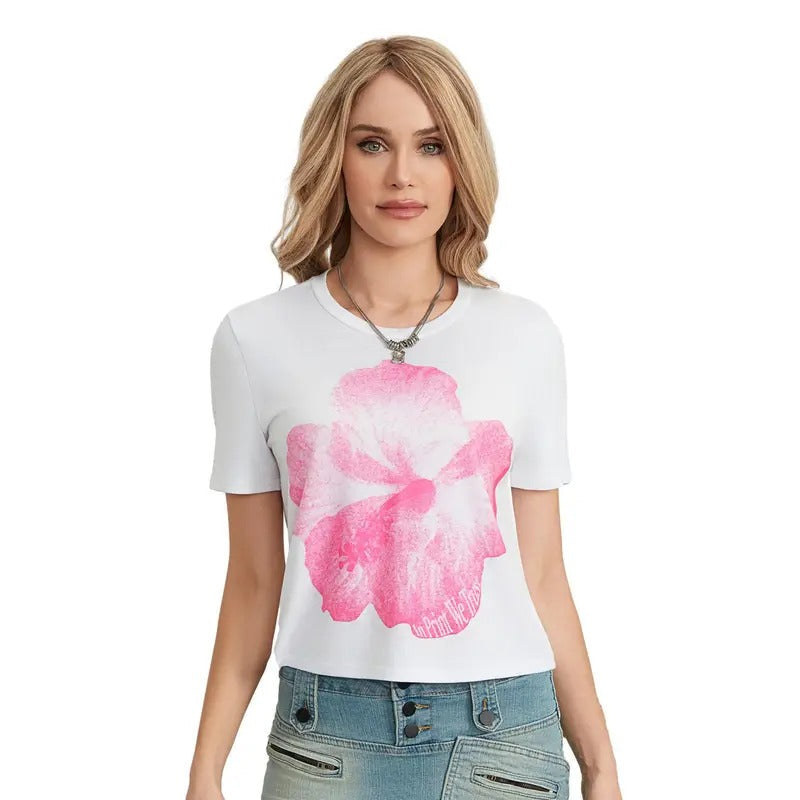 Summer Tops Slim Casual Round Neck Short Sleeve Flower Print Baby Shirts Streetwear Clothes Cotton Lady T-Shirts