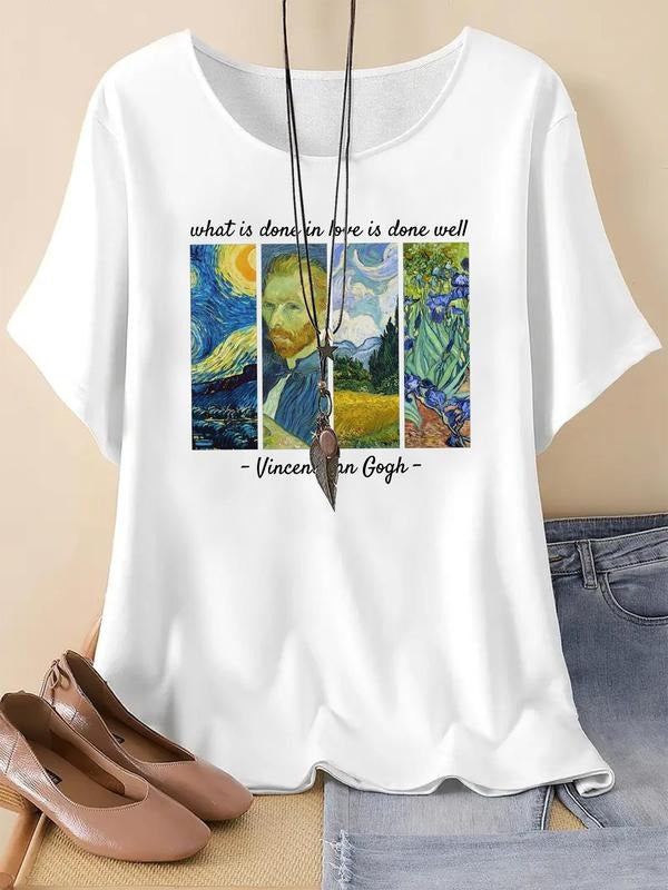 Vintage Letter & Van Gogh Print Round Neck Casual Drop Shoulder Half Sleeve Summer Top Daily T-Shirts