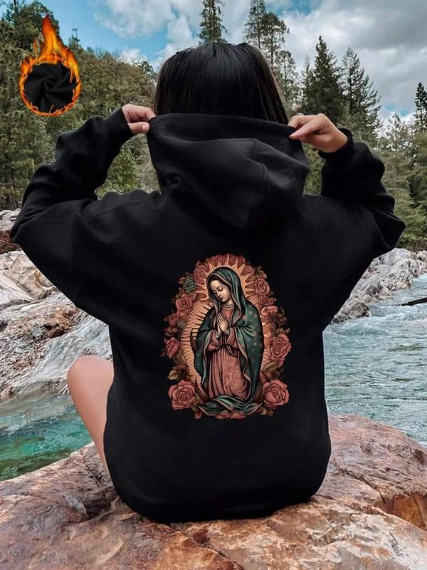 Virgin Mary & Flower Pattern Casual Hooded Daily Outdoor Fall & Winter T-Shirts