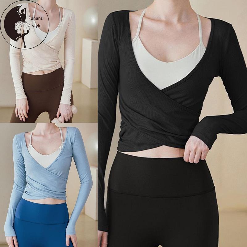 Workout Tops Long Sleeve Deep V Neck Wrap Front Yoga Shirts Breathable Active Tops T-Shirts