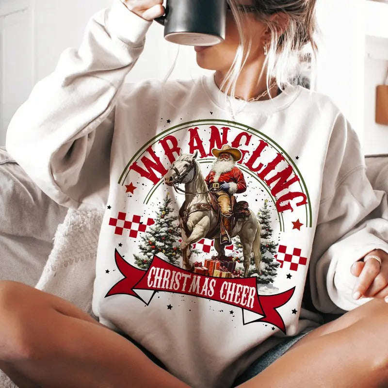 Wrangling Western Cheer Santa Claus Riding Horse Cowboy Cowgirl T-Shirts