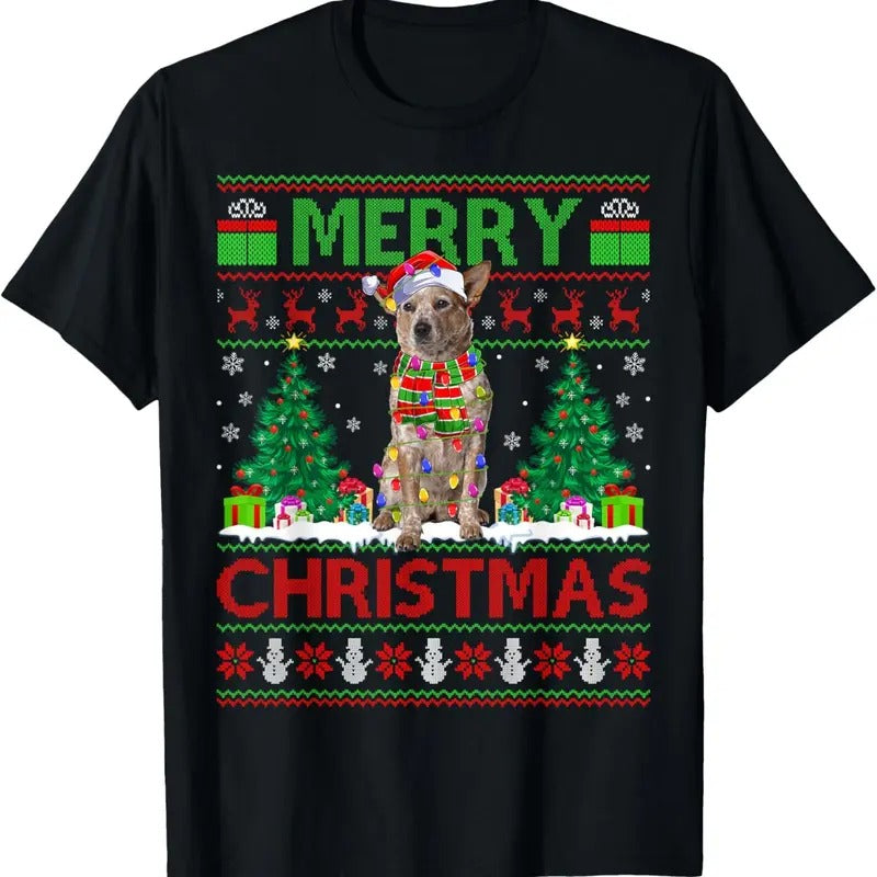 Xmas Tree Lights Ugly Santa Australian Cattle Dog T-Shirts
