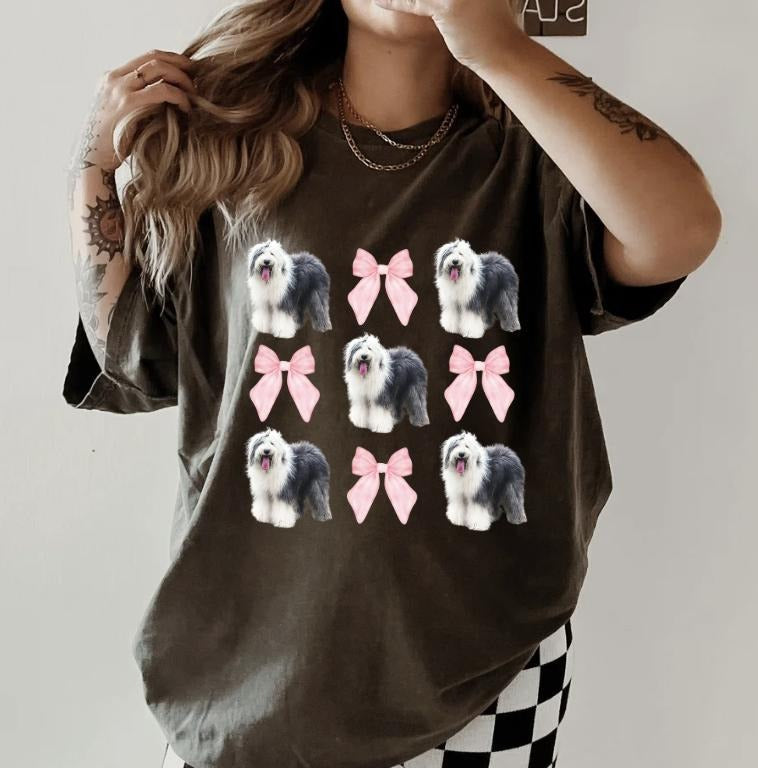 Old English Sheepdog Bows Shirt ~ Relaxed Fit Printed USA Womenswear Casual Comfort Cotton Top Athletic Boho Chicbrown Chihuahua T-Shirts
