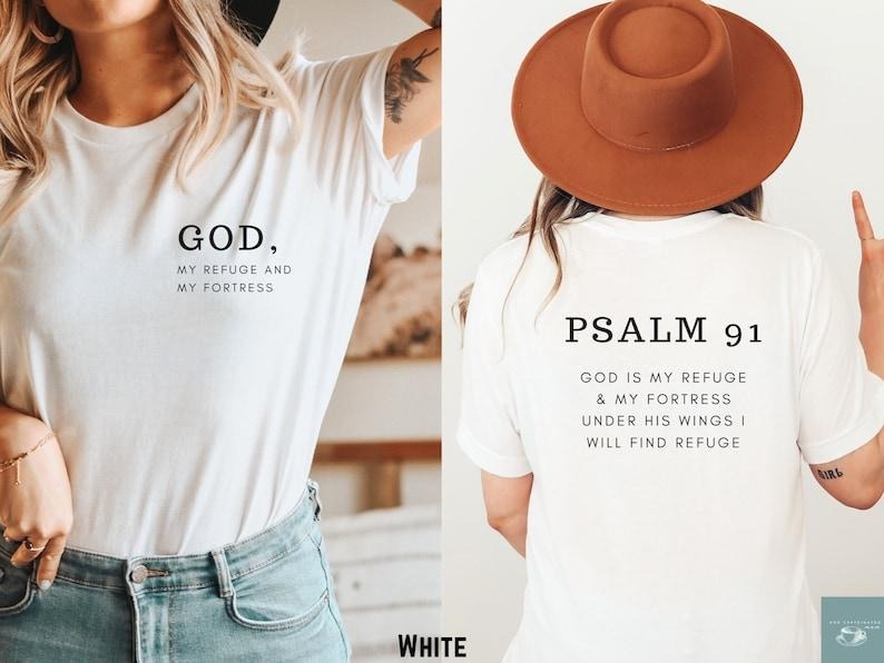 Psalm 91 Shirt Minimalist Christian Shirt Bible Verse Faith Based 2 Sides Cotton T-Shirts