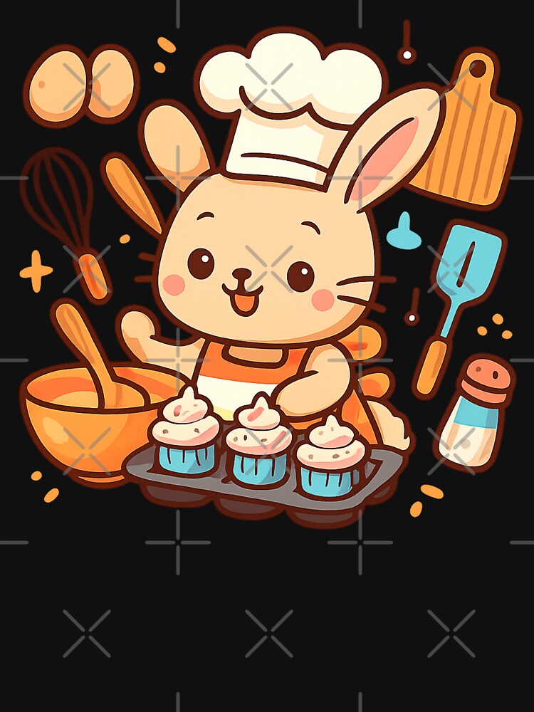 Kawaii Rabbit Chef Baking Cupcakes - Cute Kitchen Illustration by MKreative Studio
