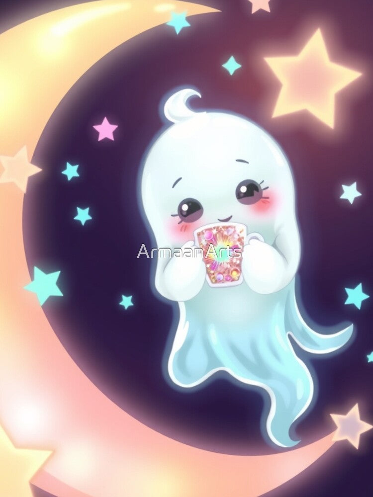 Sweet Spooky Kawaii Ghost on Crescent Moon by ArmaanArts